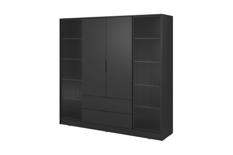Armoire MIRAGE - 4 portes vitrées aux extrémités, penderie et 2 tiroirs