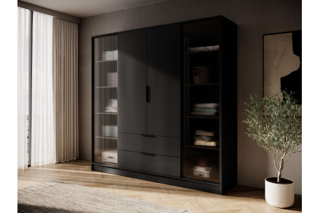 Armoire MIRAGE - 4 portes vitrées aux extrémités, penderie et 2 tiroirs