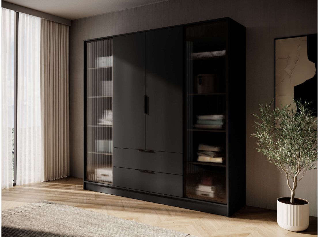 Armoire MIRAGE - 4 portes vitrées aux extrémités, penderie et 2 tiroirs
