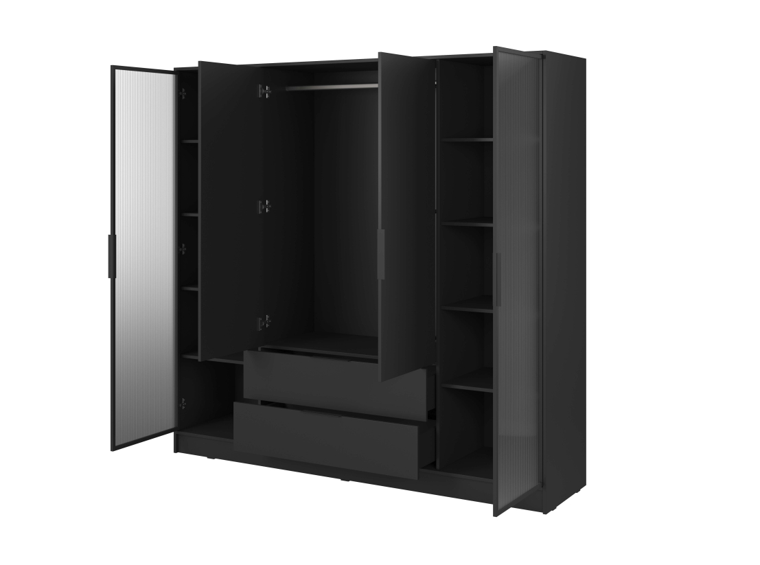 Armoire MIRAGE - 4 portes vitrées aux extrémités, penderie et 2 tiroirs