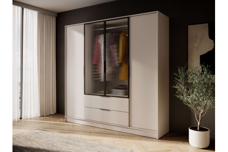 Armoire MIRAGE - 4 portes vitrées centrales, penderie et 2 tiroirs