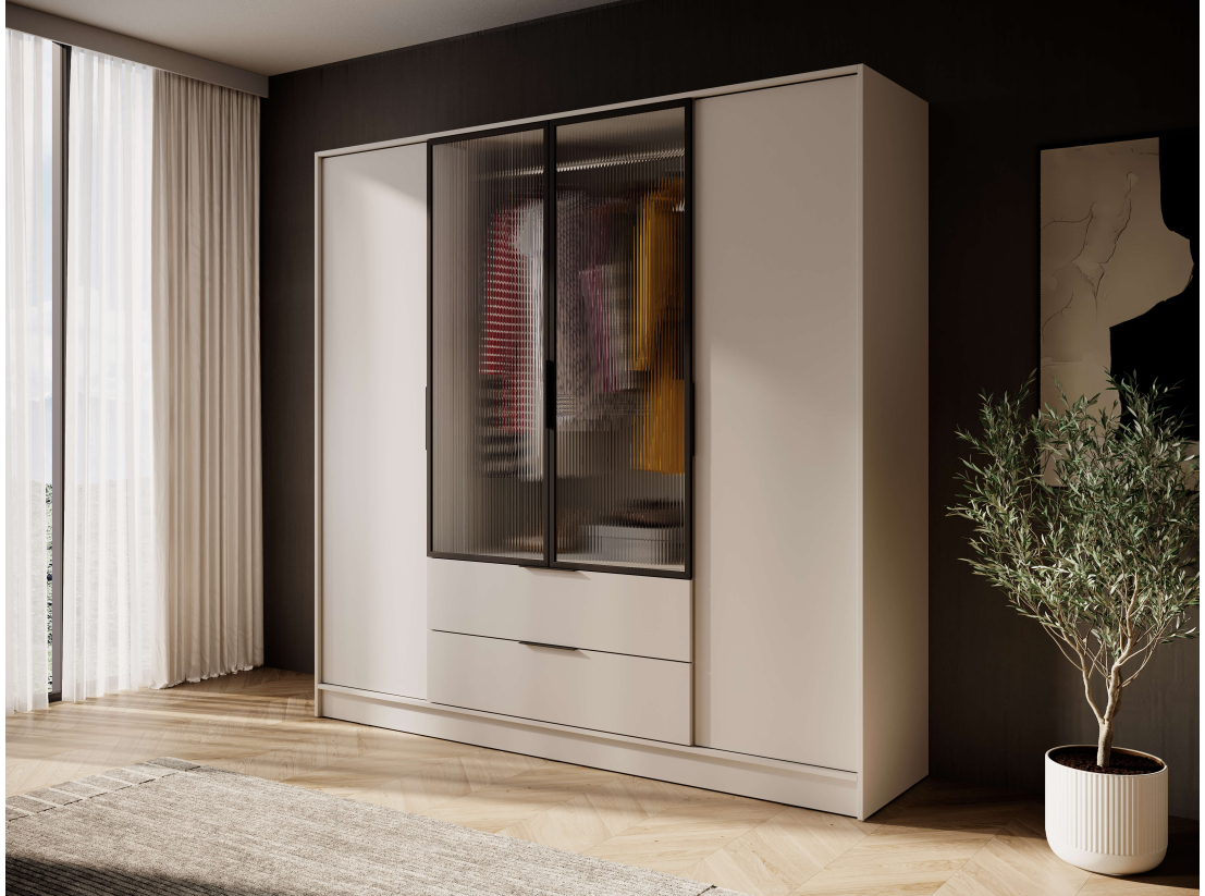 Armoire MIRAGE - 4 portes vitrées centrales, penderie et 2 tiroirs