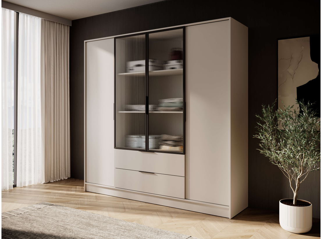 Armoire MIRAGE - 4 portes vitrées centrales, penderie et 2 tiroirs