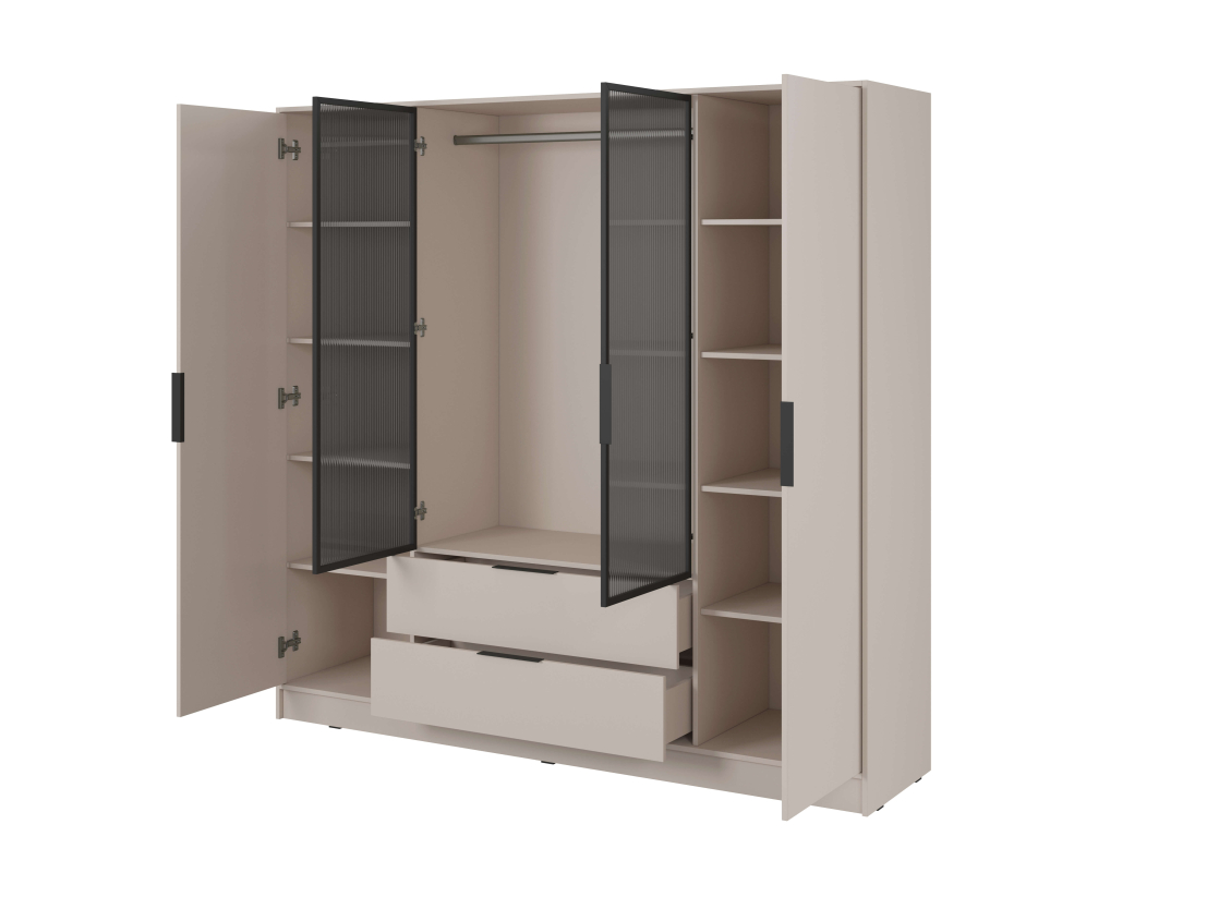 Armoire MIRAGE - 4 portes vitrées centrales, penderie et 2 tiroirs