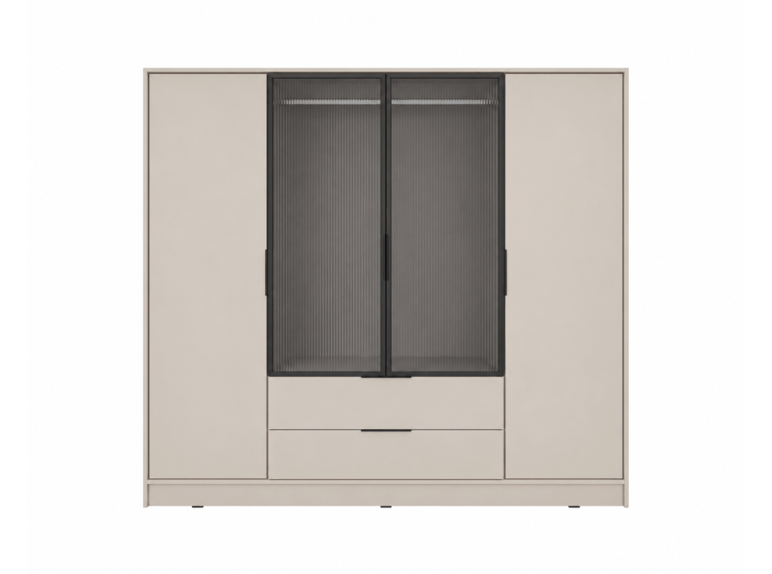 Armoire MIRAGE - 4 portes vitrées centrales, penderie et 2 tiroirs