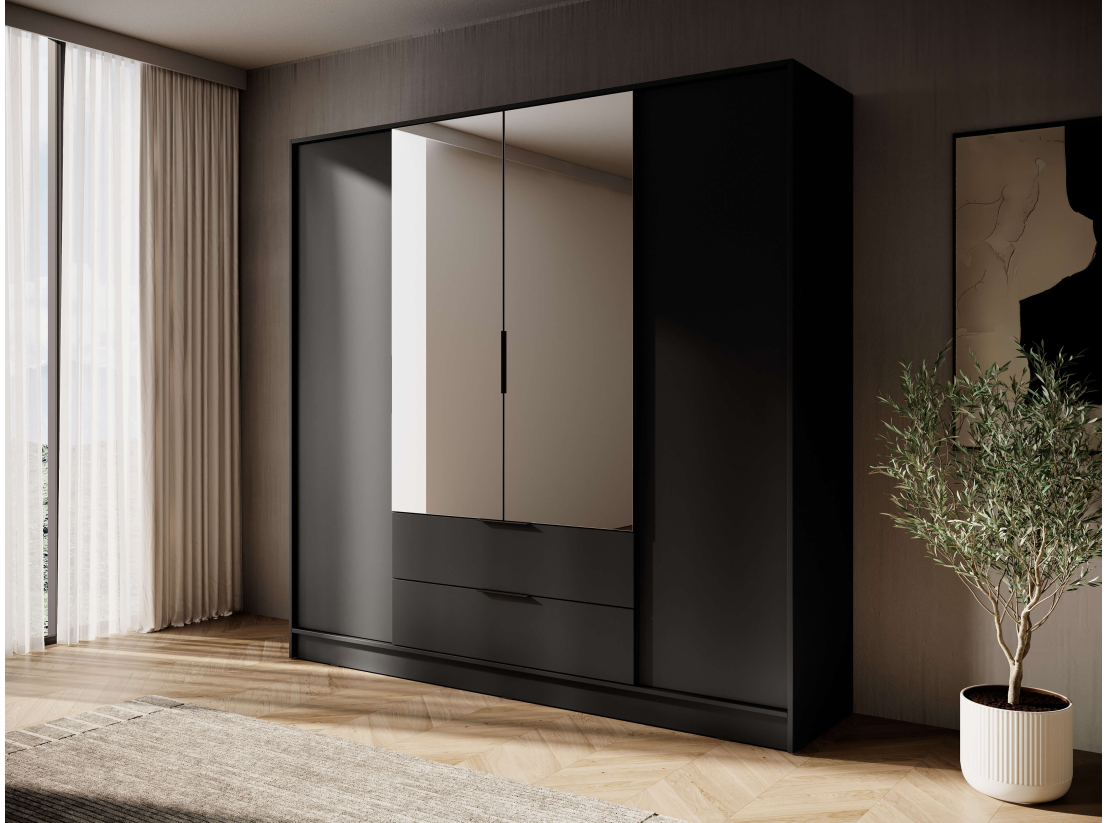 Armoire MIRAGE avec miroirs - Penderie, 4 portes et 2 tiroirs