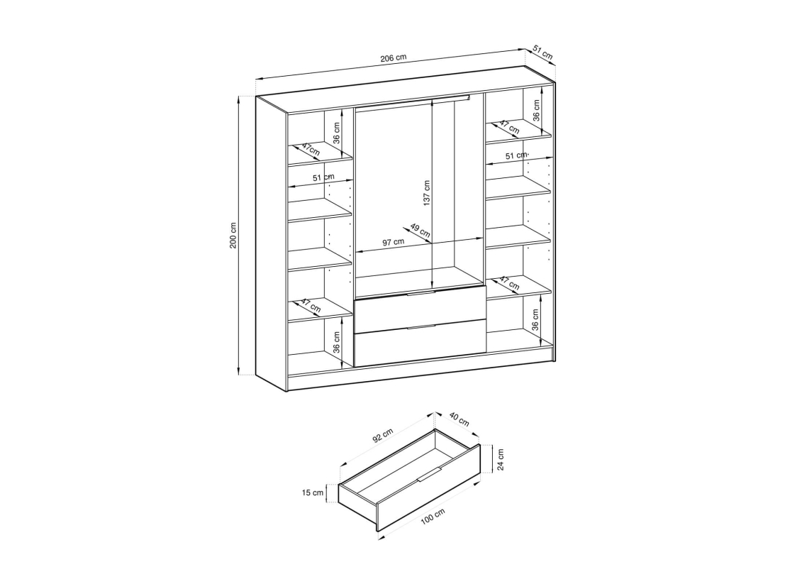 Armoire MIRAGE - 4 portes, 2 tiroirs et penderie intégrée