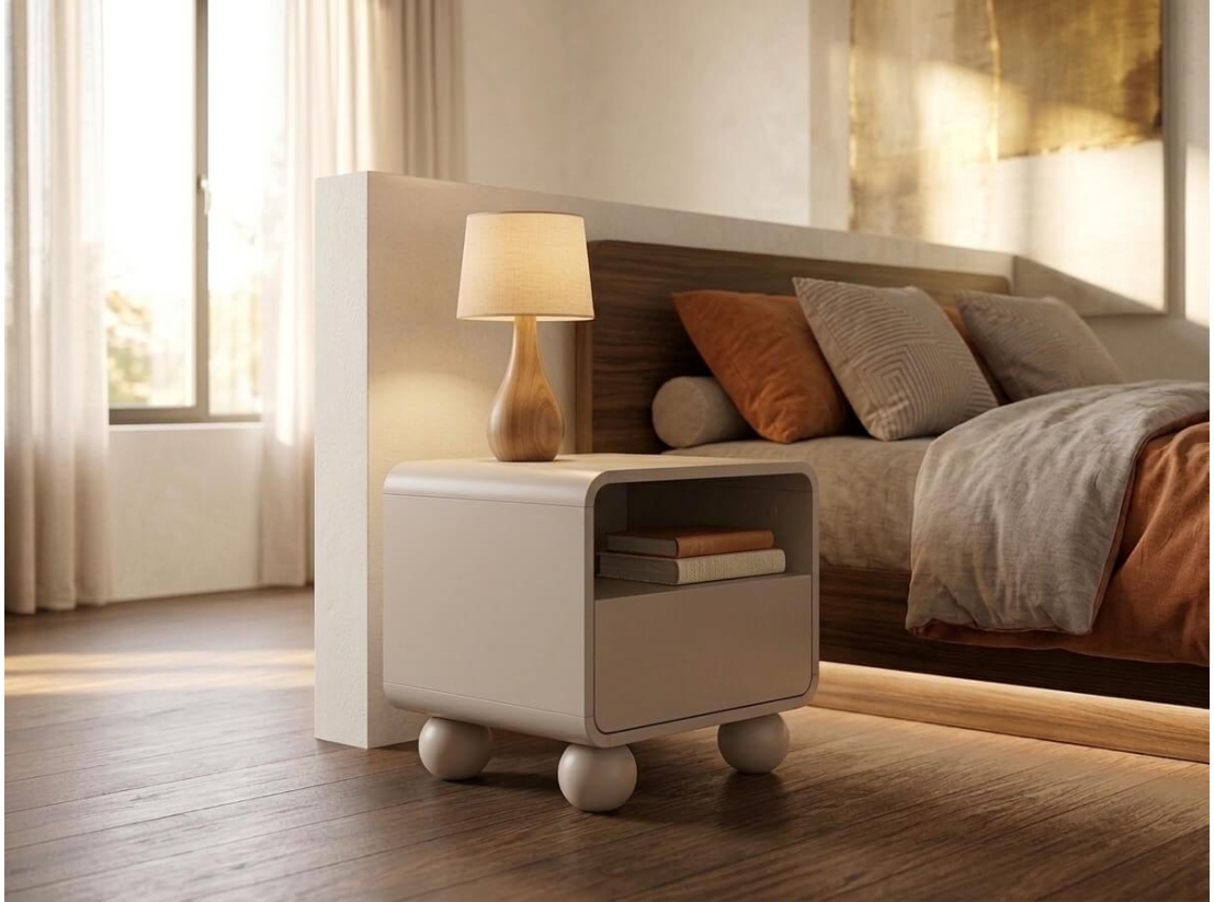 Table de chevet ALBA –  Pieds sphériques et rangements