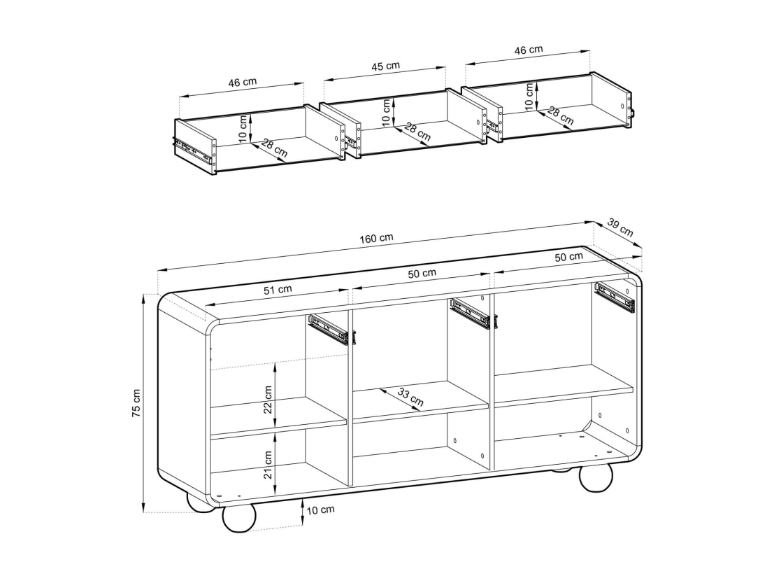 Buffet bas ALBA – 3 portes, 3 tiroirs, rangement structuré