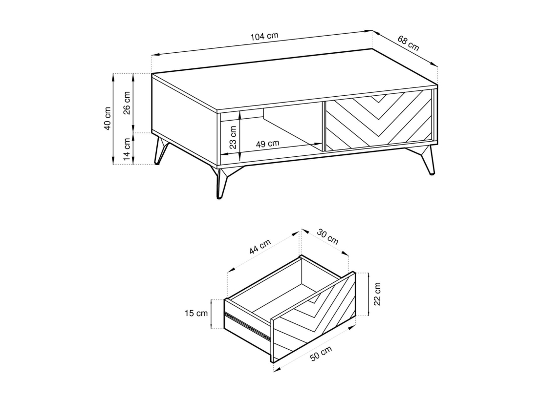 Table basse VARENA  – Rangements intégrés (2 tiroirs, 1 étagère)