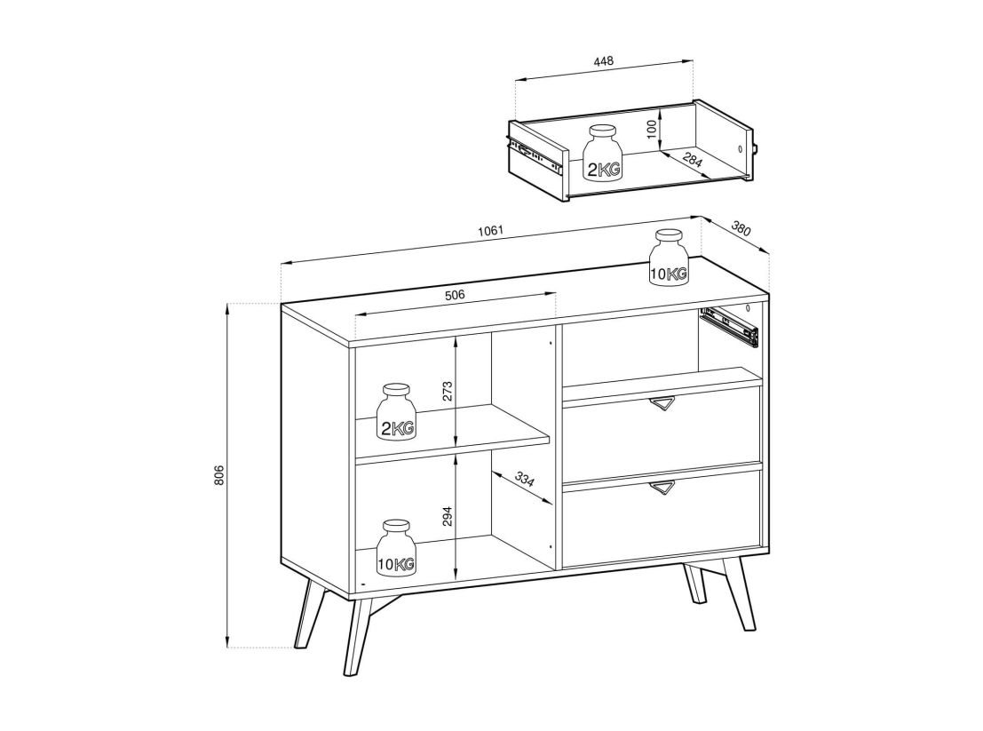 Buffet bas MUSEO  – 1 porte, 3 tiroirs et 2 étagères
