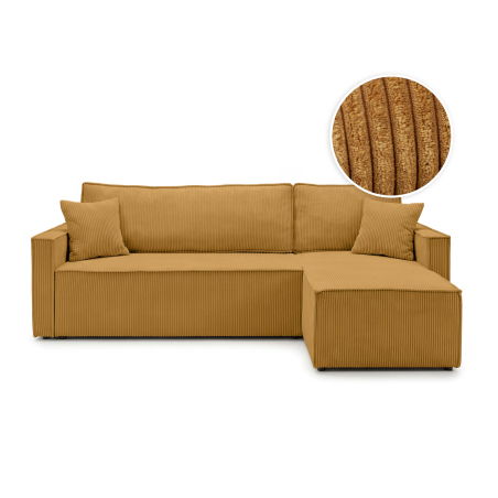 Canapé d’angle convertible FARAH – Velours côtelé – Réversible avec coffre de rangement