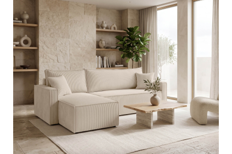 Canapé d’angle convertible FARAH – Velours côtelé – Réversible avec coffre de rangement