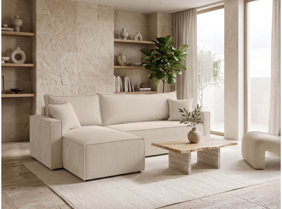 Canapé d’angle convertible FARAH – Velours côtelé – Réversible avec coffre de rangement