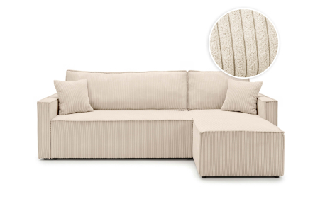 Canapé d’angle convertible FARAH – Velours côtelé – Réversible avec coffre de rangement