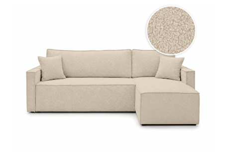 Canapé d’angle FARAH – Tissu bouclette – Réversible, convertible et coffre intégré