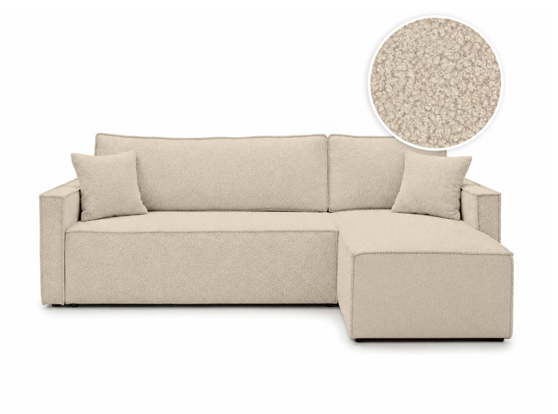 Canapé d’angle FARAH – Tissu bouclette – Réversible, convertible et coffre intégré