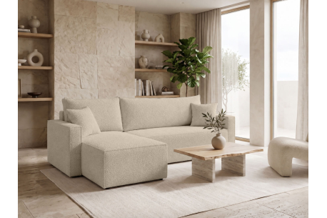 Canapé d’angle FARAH – Tissu bouclette – Réversible, convertible et coffre intégré