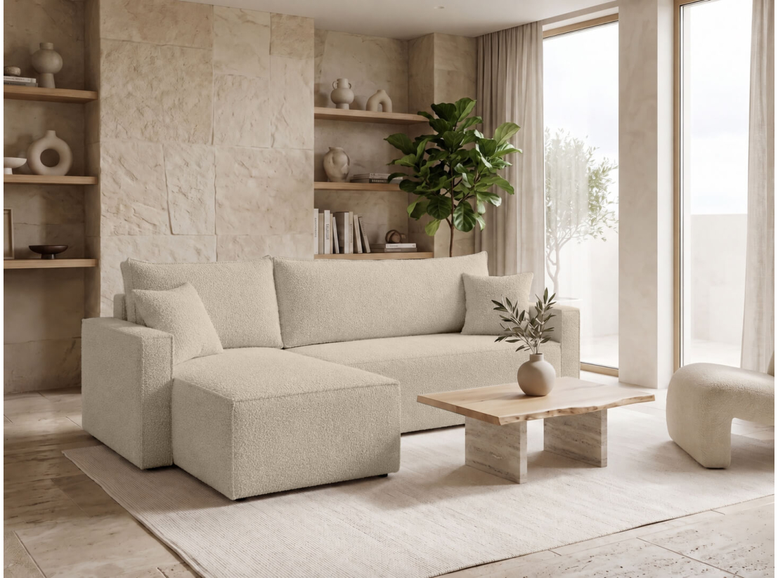 Canapé d’angle FARAH – Tissu bouclette – Réversible, convertible et coffre intégré