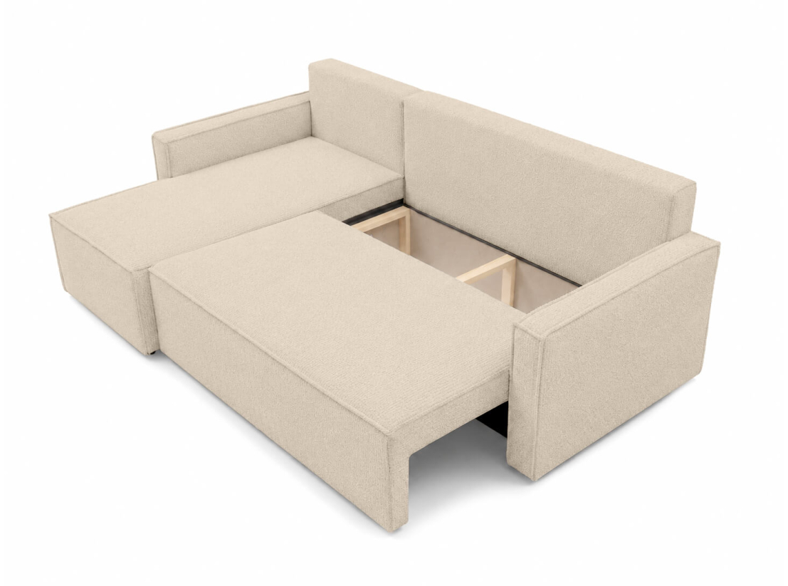Canapé d’angle FARAH – Tissu bouclette – Réversible, convertible et coffre intégré