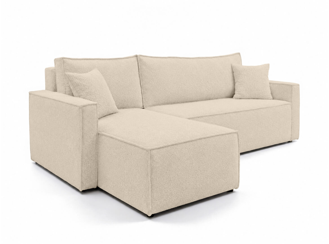 Canapé d’angle FARAH – Tissu bouclette – Réversible, convertible et coffre intégré