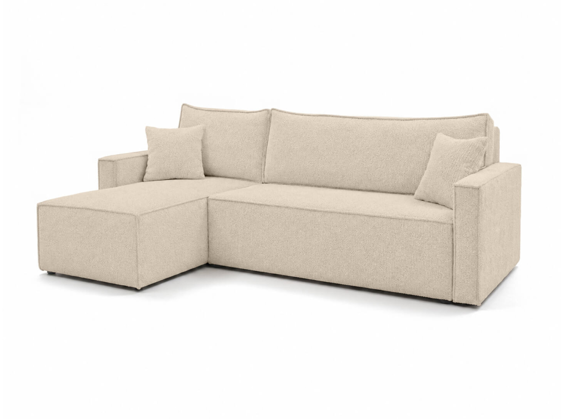 Canapé d’angle FARAH – Tissu bouclette – Réversible, convertible et coffre intégré
