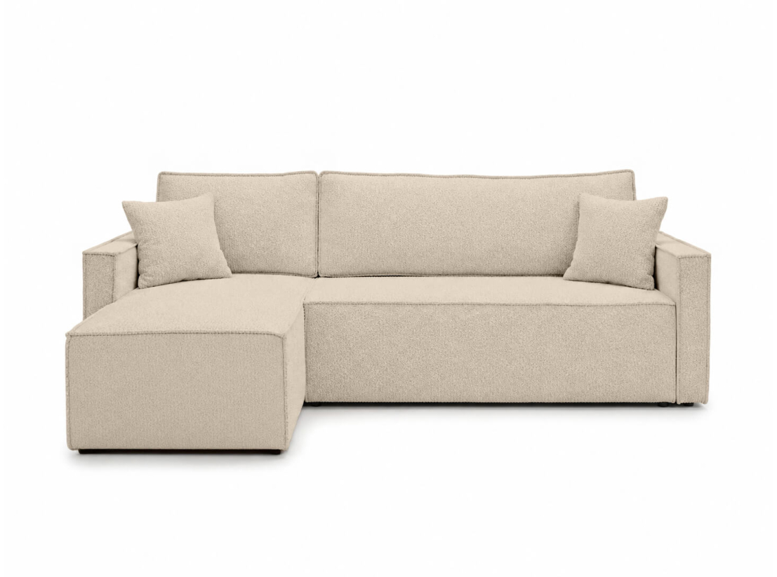 Canapé d’angle FARAH – Tissu bouclette – Réversible, convertible et coffre intégré