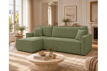 Canapé d’angle FARAH – Tissu bouclette texturé – Convertible réversible avec coffre