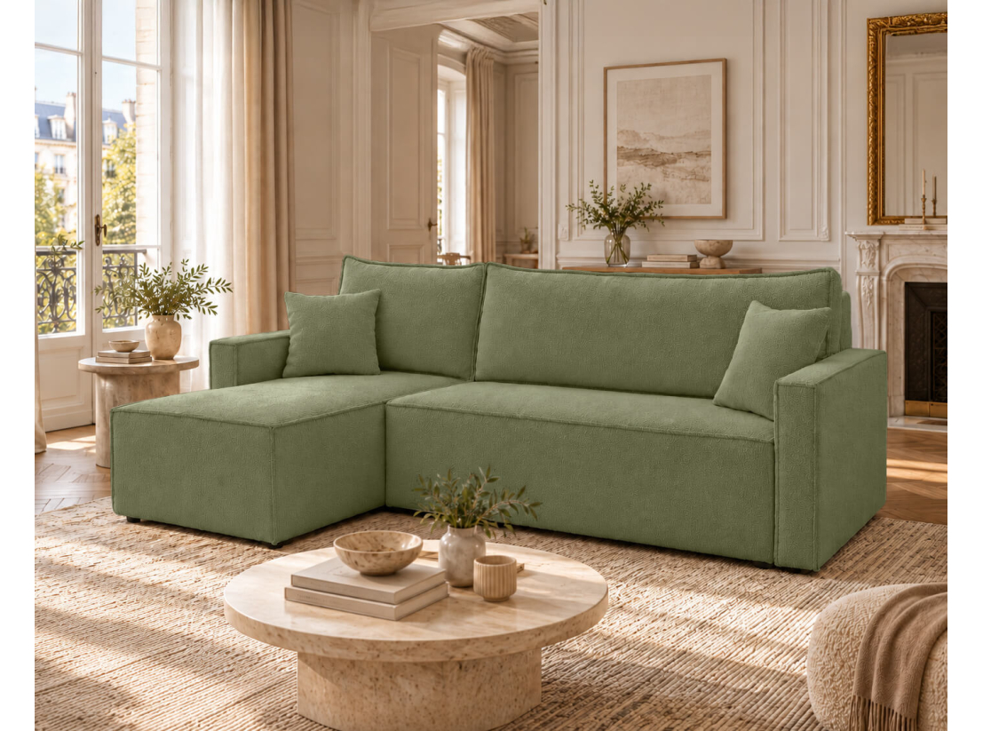 Canapé d’angle FARAH – Tissu bouclette texturé – Convertible réversible avec coffre