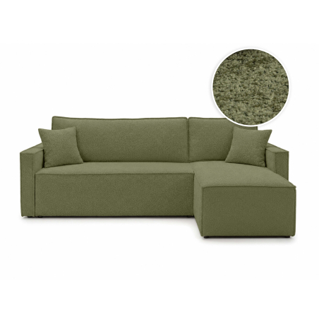 Canapé d’angle FARAH – Tissu bouclette texturé – Convertible réversible avec coffre