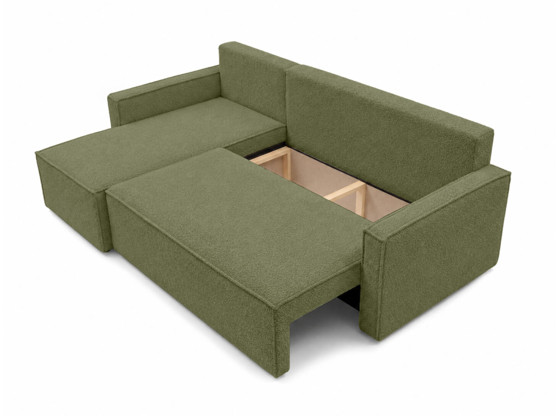 Canapé d’angle FARAH – Tissu bouclette texturé – Convertible réversible avec coffre
