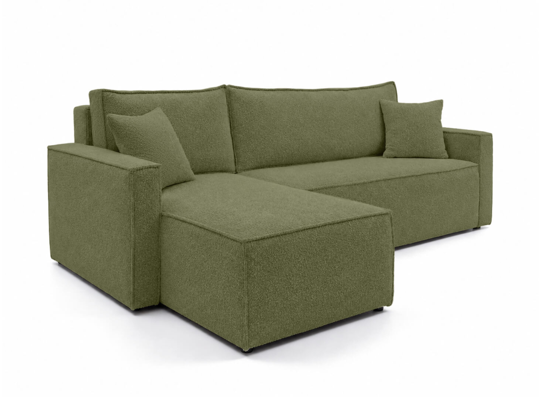 Canapé d’angle FARAH – Tissu bouclette texturé – Convertible réversible avec coffre