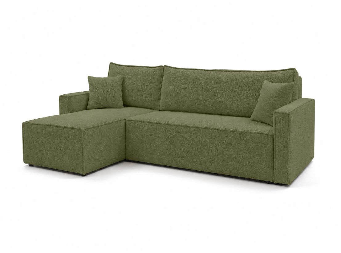 Canapé d’angle FARAH – Tissu bouclette texturé – Convertible réversible avec coffre