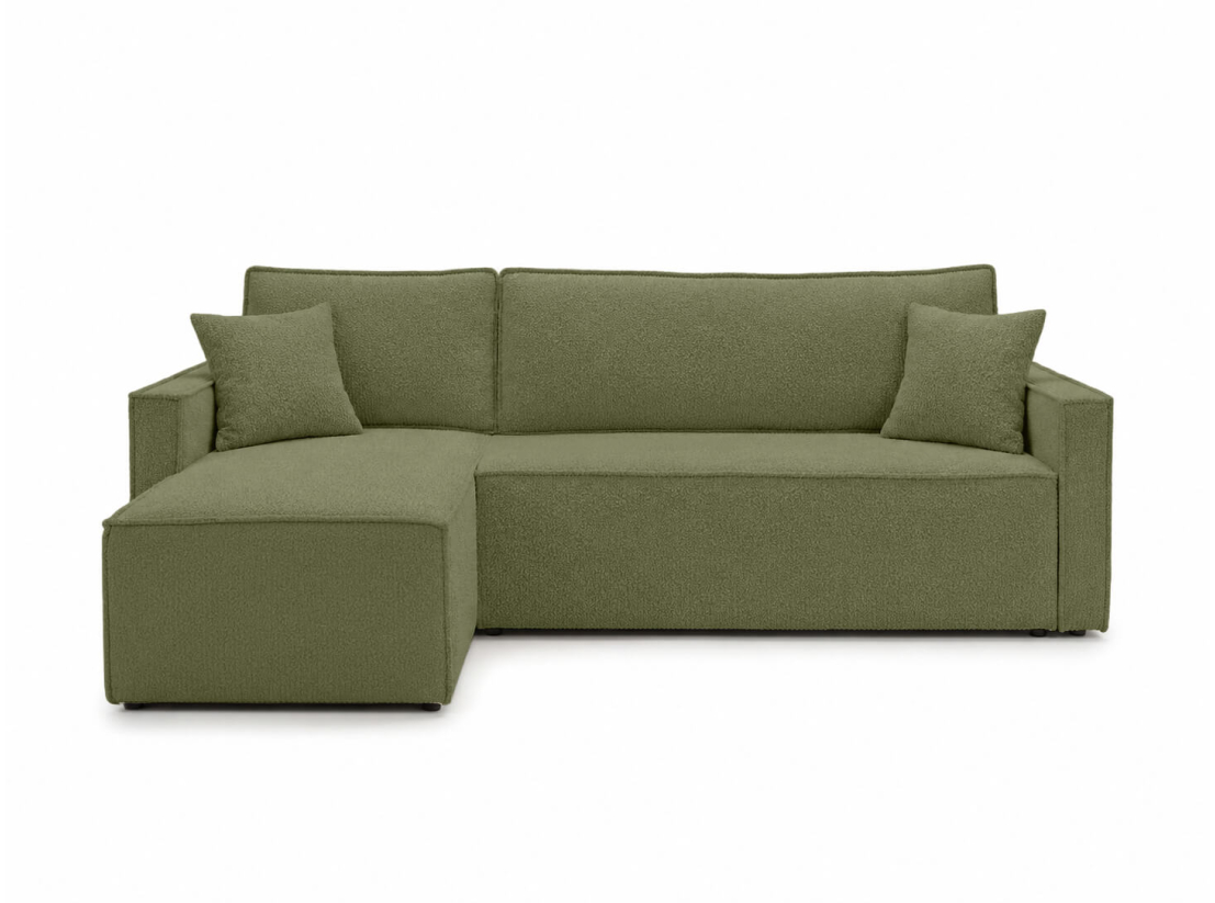 Canapé d’angle FARAH – Tissu bouclette texturé – Convertible réversible avec coffre