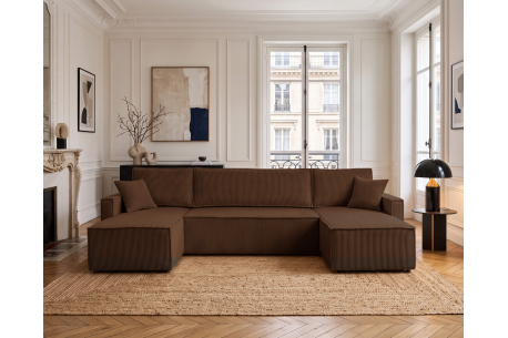Canapé panoramique FARAH – Velours côtelé – Convertible avec coffre de rangement