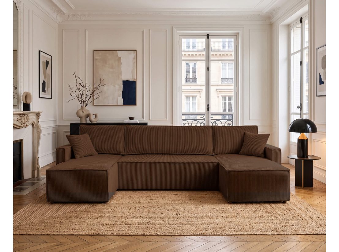 Canapé panoramique FARAH – Velours côtelé – Convertible avec coffre de rangement