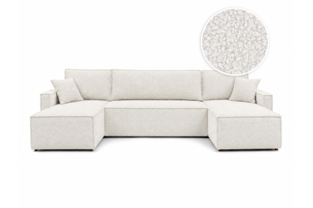Canapé panoramique FARAH – Tissu bouclette – Convertible 6 places avec coffre intégré
