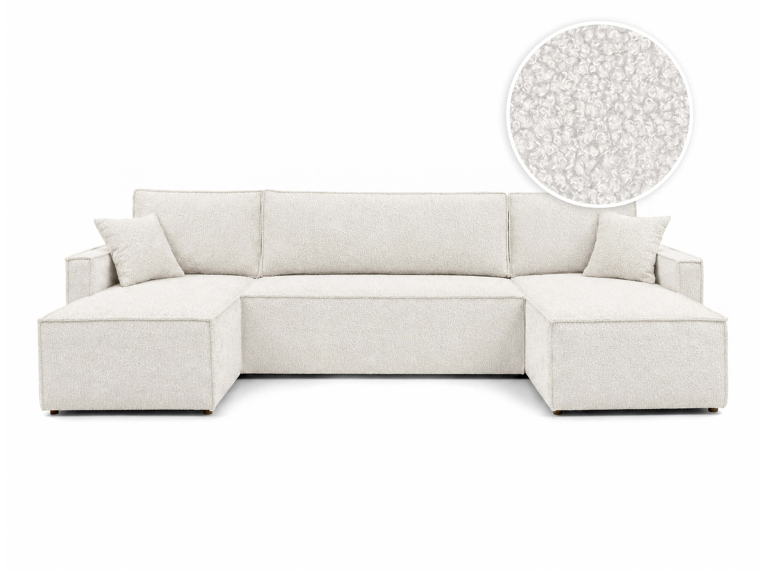 Canapé panoramique FARAH – Tissu bouclette – Convertible 6 places avec coffre intégré
