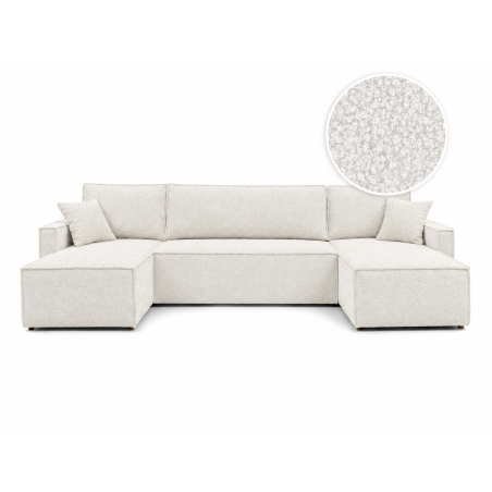 Canapé panoramique FARAH – Tissu bouclette – Convertible 6 places avec coffre intégré