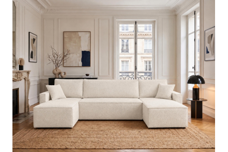 Canapé panoramique FARAH – Tissu bouclette – Convertible 6 places avec coffre intégré