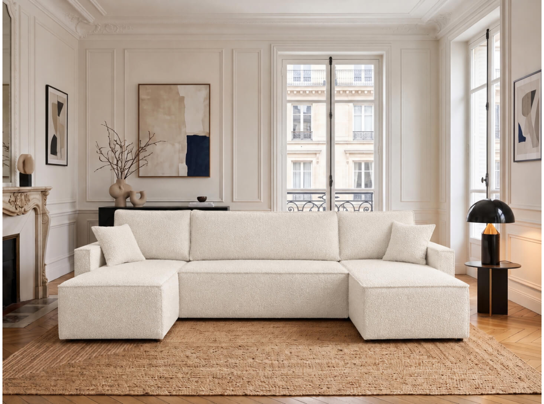 Canapé panoramique FARAH – Tissu bouclette – Convertible 6 places avec coffre intégré