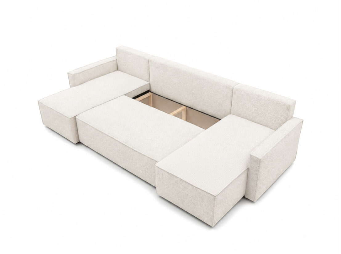 Canapé panoramique FARAH – Tissu bouclette – Convertible 6 places avec coffre intégré