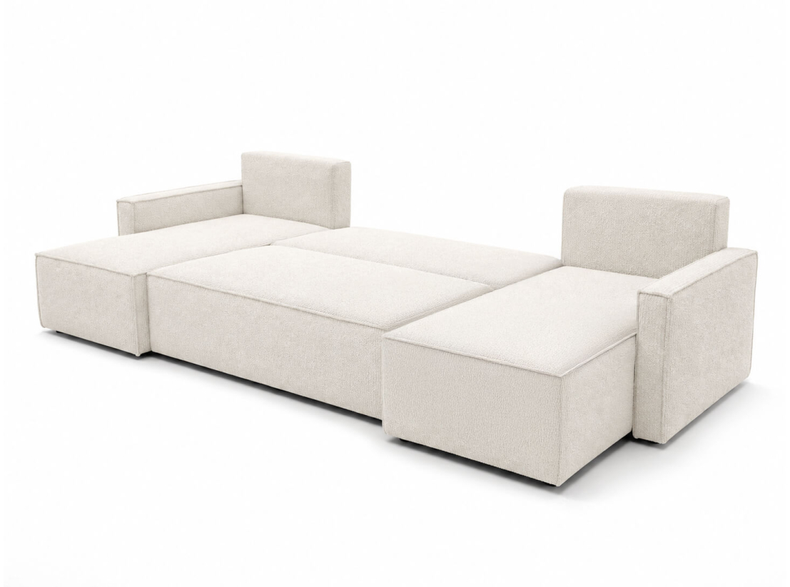 Canapé panoramique FARAH – Tissu bouclette – Convertible 6 places avec coffre intégré