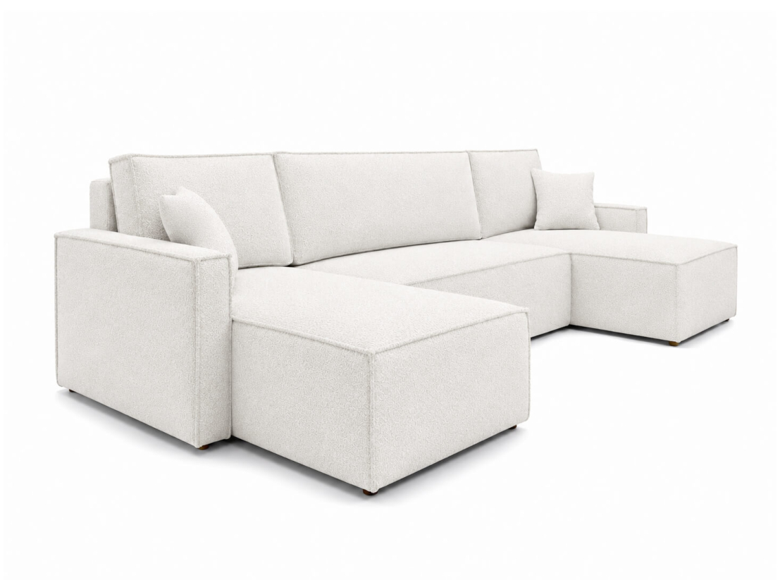Canapé panoramique FARAH – Tissu bouclette – Convertible 6 places avec coffre intégré