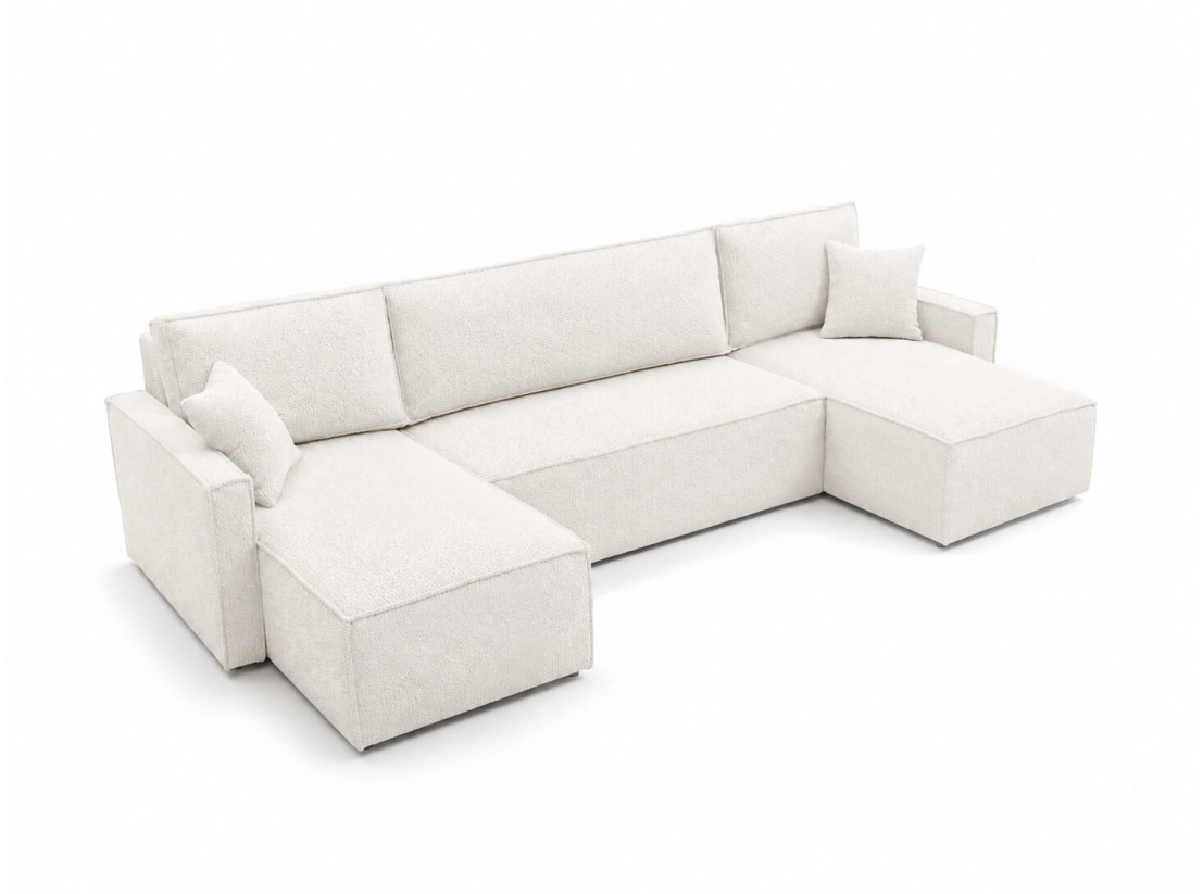 Canapé panoramique FARAH – Tissu bouclette – Convertible 6 places avec coffre intégré