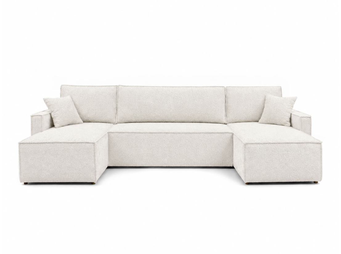 Canapé panoramique FARAH – Tissu bouclette – Convertible 6 places avec coffre intégré