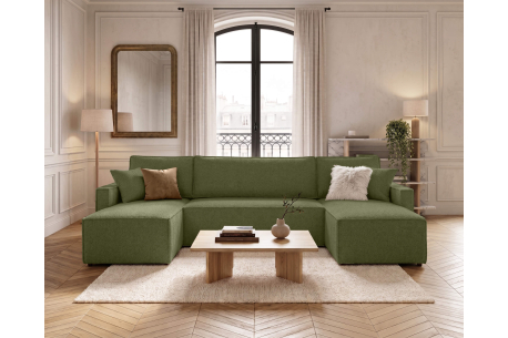 Canapé panoramique FARAH – Tissu bouclette texturé – Convertible 6 places avec coffre intégré