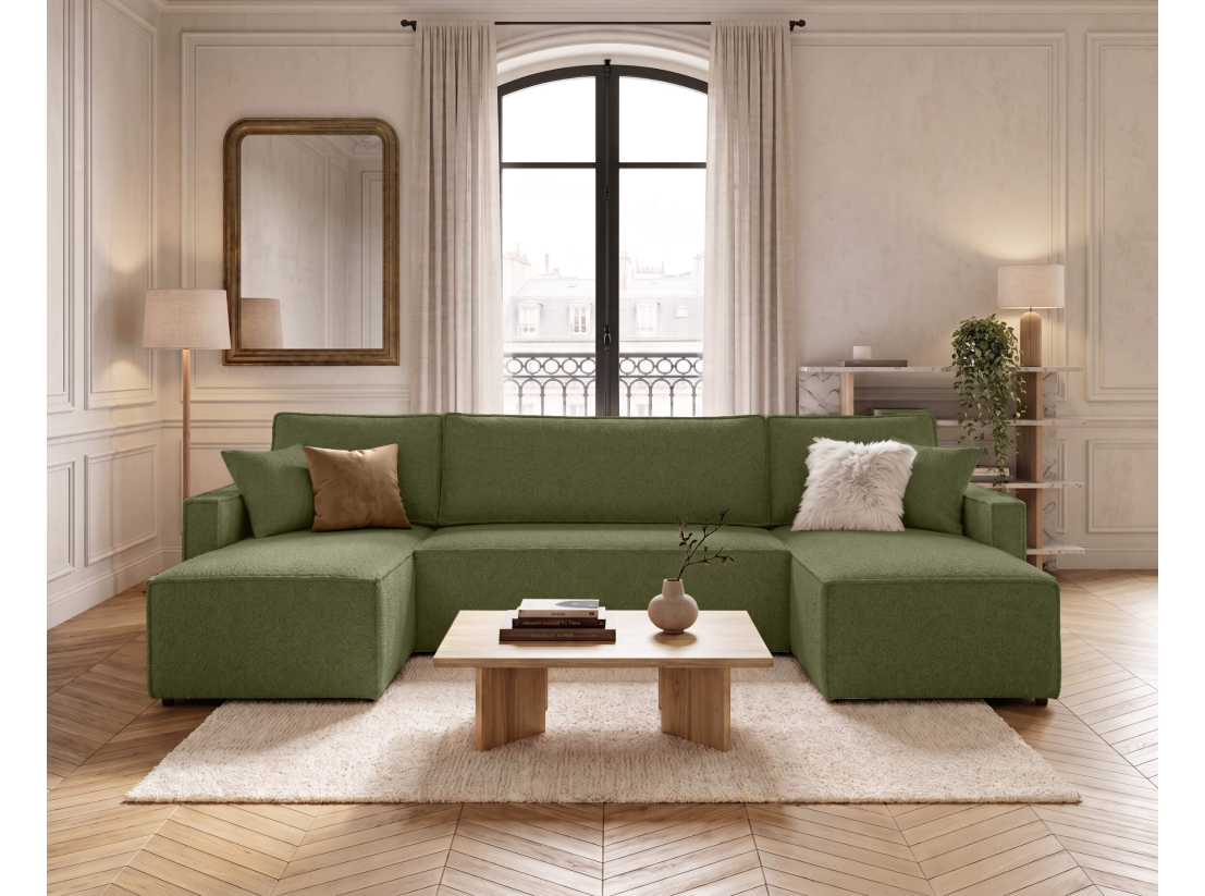 Canapé panoramique FARAH – Tissu bouclette texturé – Convertible 6 places avec coffre intégré