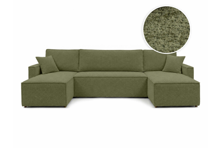 Canapé panoramique FARAH – Tissu bouclette texturé – Convertible 6 places avec coffre intégré