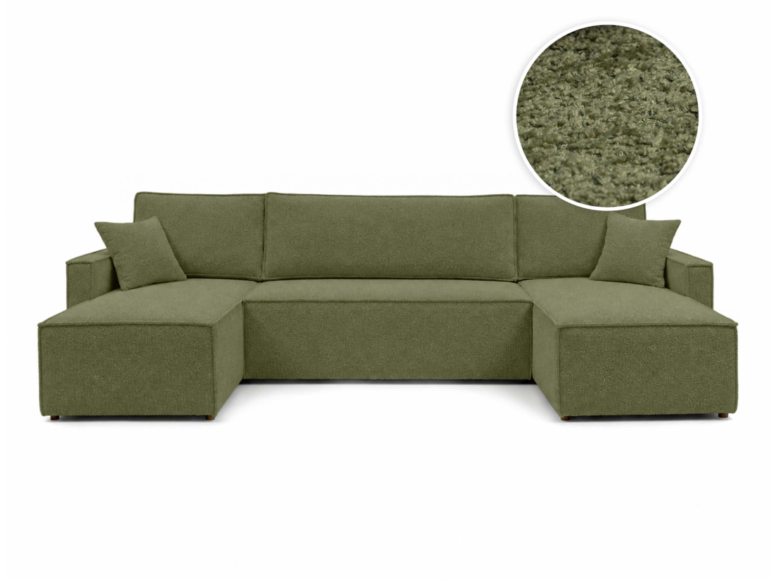 Canapé panoramique FARAH – Tissu bouclette texturé – Convertible 6 places avec coffre intégré